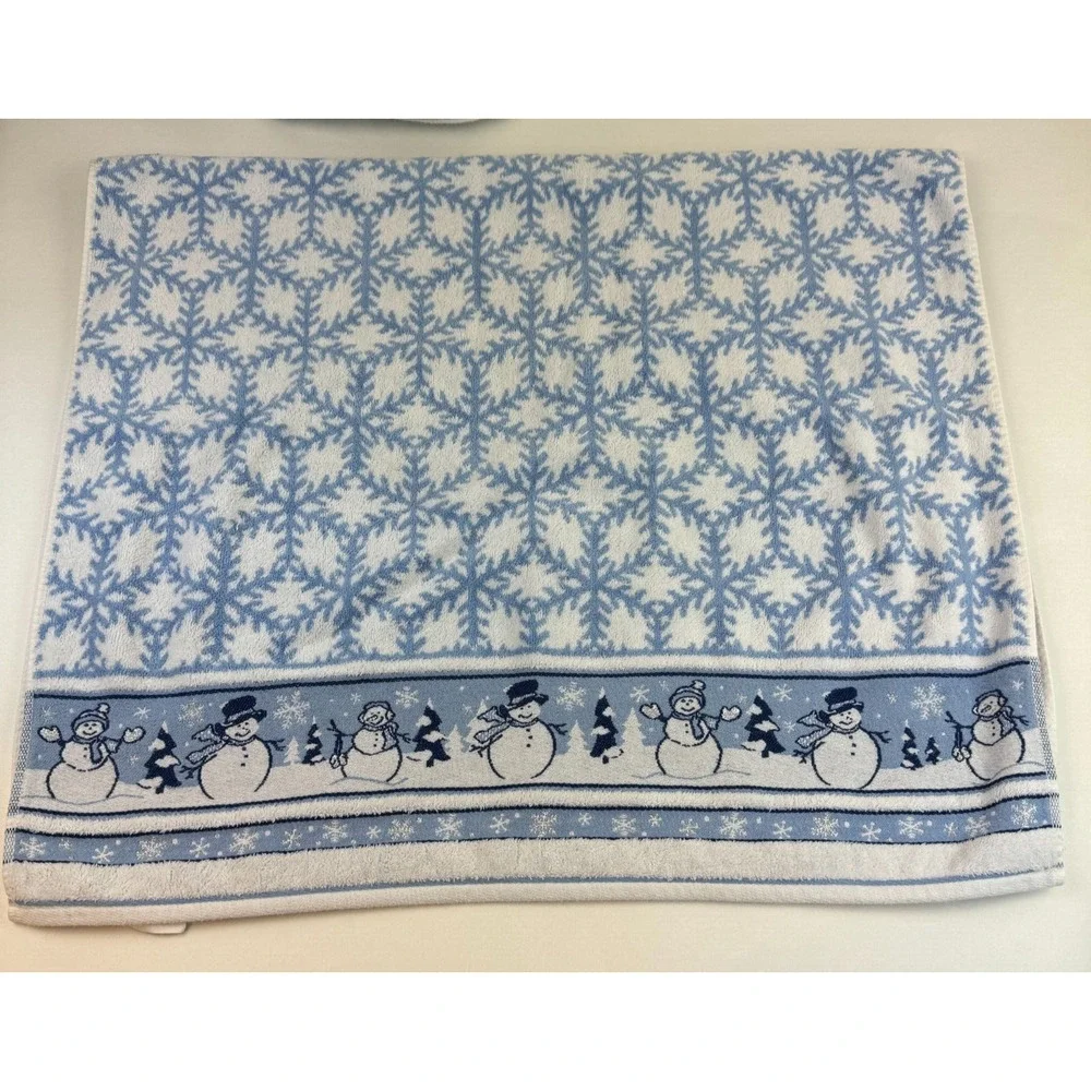 Vintage Bath Towel Cecil Sayday Set of 2 Snowman Snowflakes Blue white